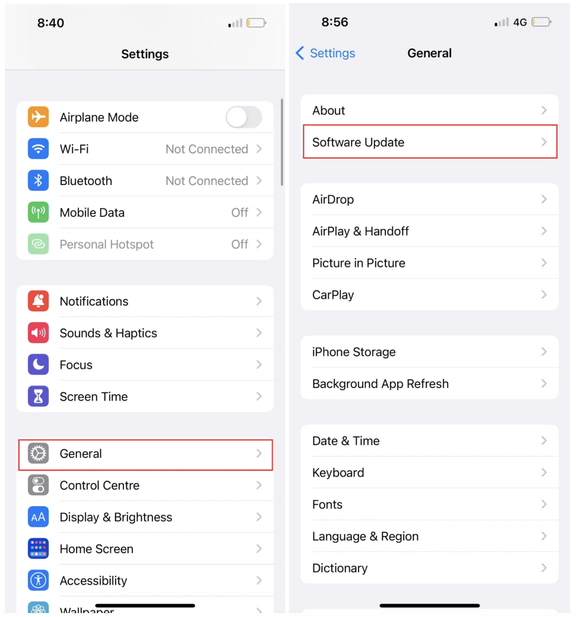 On your iPhone, go to General and click Software Update